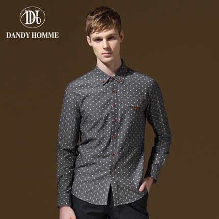 100% Cotton Soft Spring Mens Clothes Dress Shirts Brand Clothing Casual Long Sleeve Men Shirt Slim Fit Polka Dot Printed: M