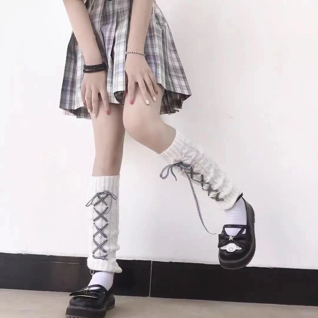 Calentador de piernas para niña, calcetín de calle Hipster a rayas con cordón, lazo Jk, para otoño e invierno,