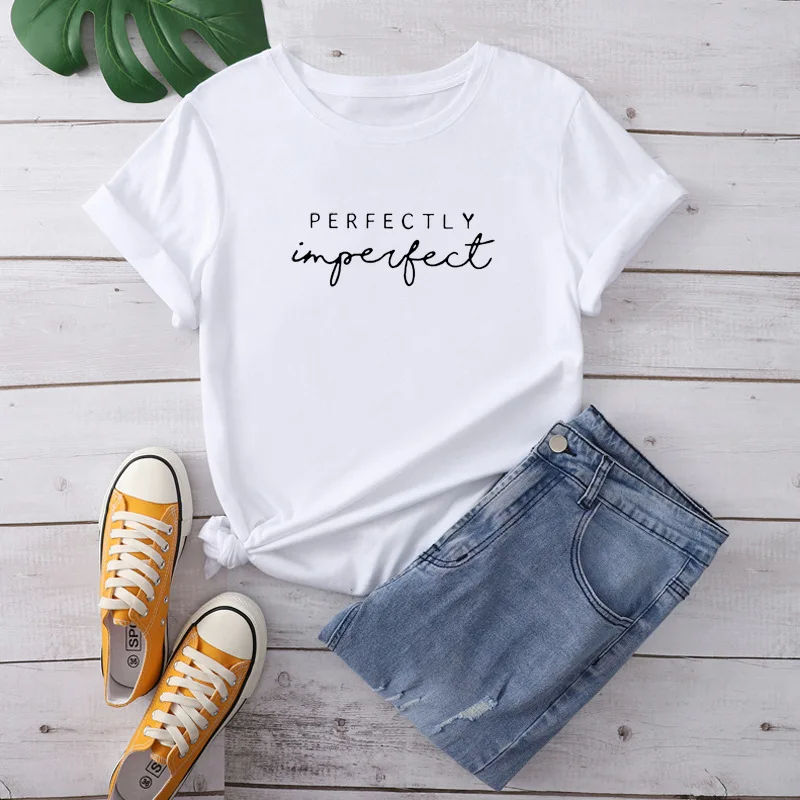 Perfect Imperfect Brief Print vrouwen T-shirt Harajuku Casual Korte Mouw Zwart T-Shirt Vrouwelijke Zomer Straat Kleding Meisje