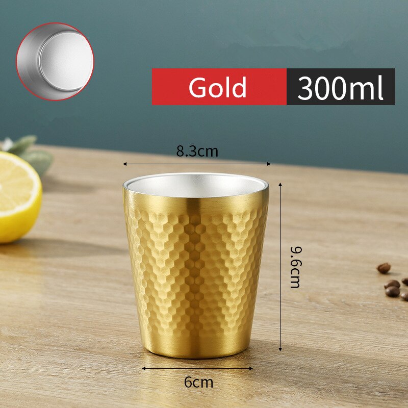 Stackable Stainless Steel Beer Cups Unbreakable Drinkware Bar Mug Double Layer Mugs Coffee Tea Cup: Gold 300ml