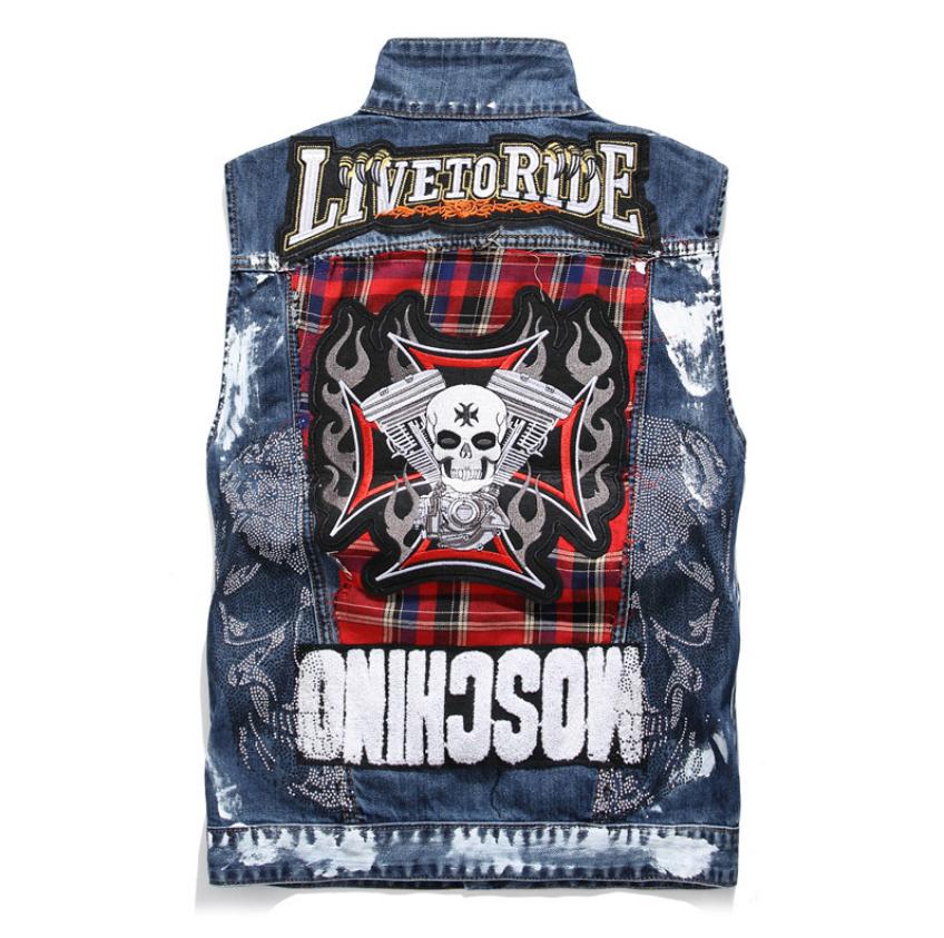 Punk Style Mens Kralen Patchwork Slim Fit Mouwloze Jassen Casual Schedel Borduurwerk Jeans Vesten Casual Print Vest J3010