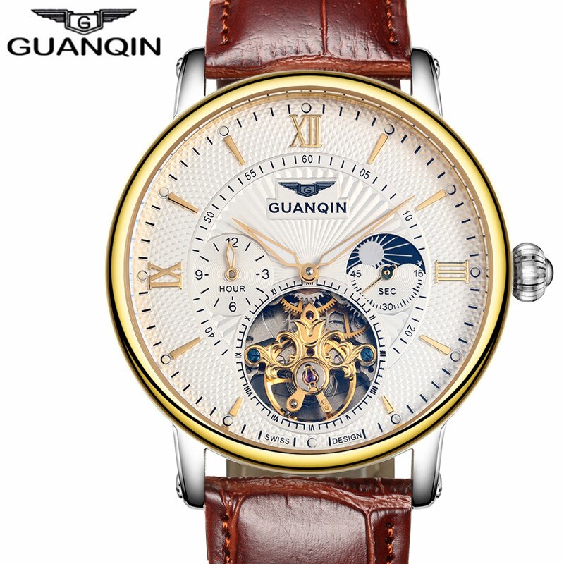 GUANQIN Luxe Top Tourbillon Skeleton Horloge Mannen Mode Casual Lederen Automatische Mechanische Horloge Relogio Masculino