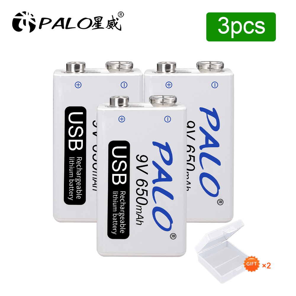 Palo 650Mah 9V Li-Ion Oplaadbare Batterij 9V Micro Usb 9V Lithium Batterijen Voor Draadloze Microfoon Gitaar speelgoed Metaaldetector: 3 pcs battery