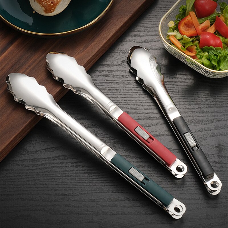 Sliding Button Food Barbecue Grill Tongs Stainless Steel Bread Buffet Clip Non-Stick Clamp Home Kitchen Cooking Accessories