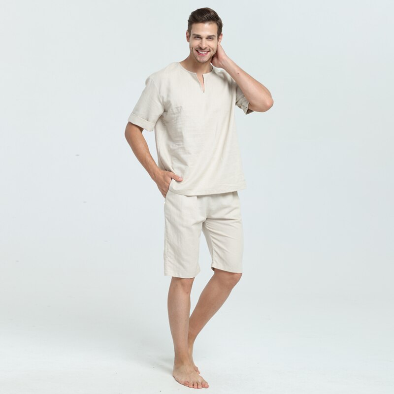 Mænd og tøj unisex ramie og bomuld sumer og forår kort top nattøj hjemmetøj loungewear pyjamas sæt med lange bukser