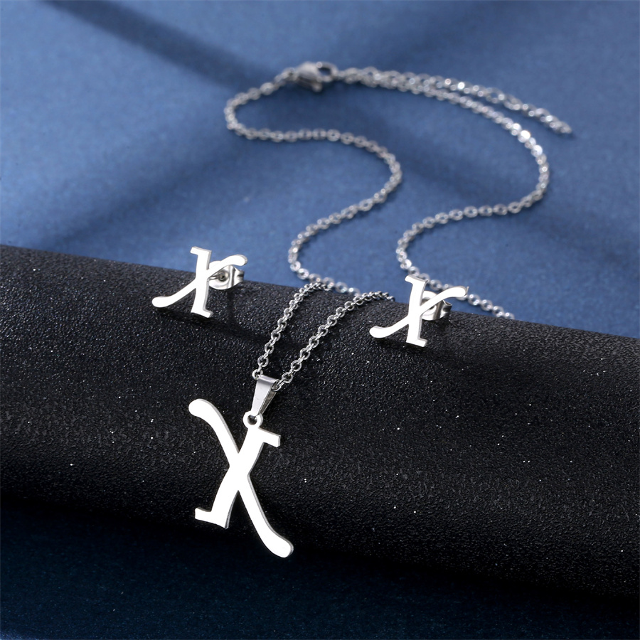 Abalorio de Color de acero inoxidable, collar con inicial, pendientes, conjuntos de joyería, colgante del alfabeto, cadena, letras, para mamá,: Plata