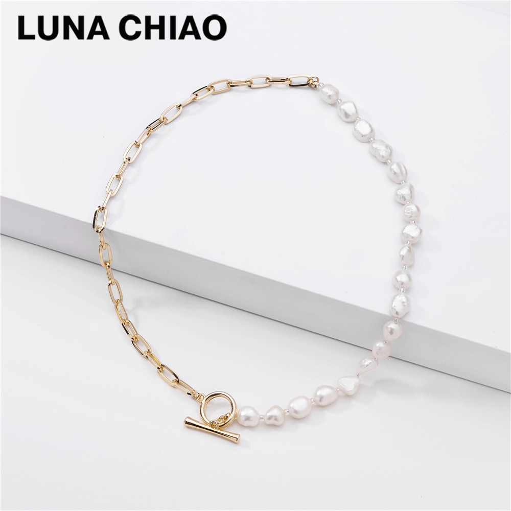 LUNA CHIAO T bar O bar Fresh Water Pearl Strand Necklace Lariat Gold Color Chain Link Chunky Choker Necklaces for Women