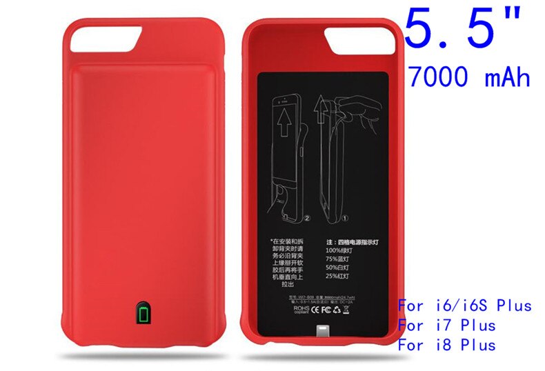 7000 mAh Carregador de Bateria Case Para iPhone à prova de choque 7 8 6 6 S Plus Caso Charing Bateria Banco de Alimentação Externa capa de Silicone de Volta: I7P-Red