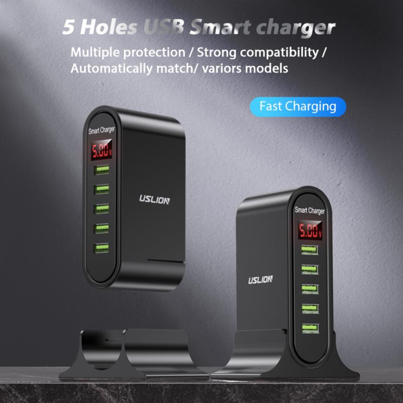 48W 5-port USB Mobile Phone Charger Travel Smart LED Digital Display Charger With Stand Mobile Phone Universal Charging