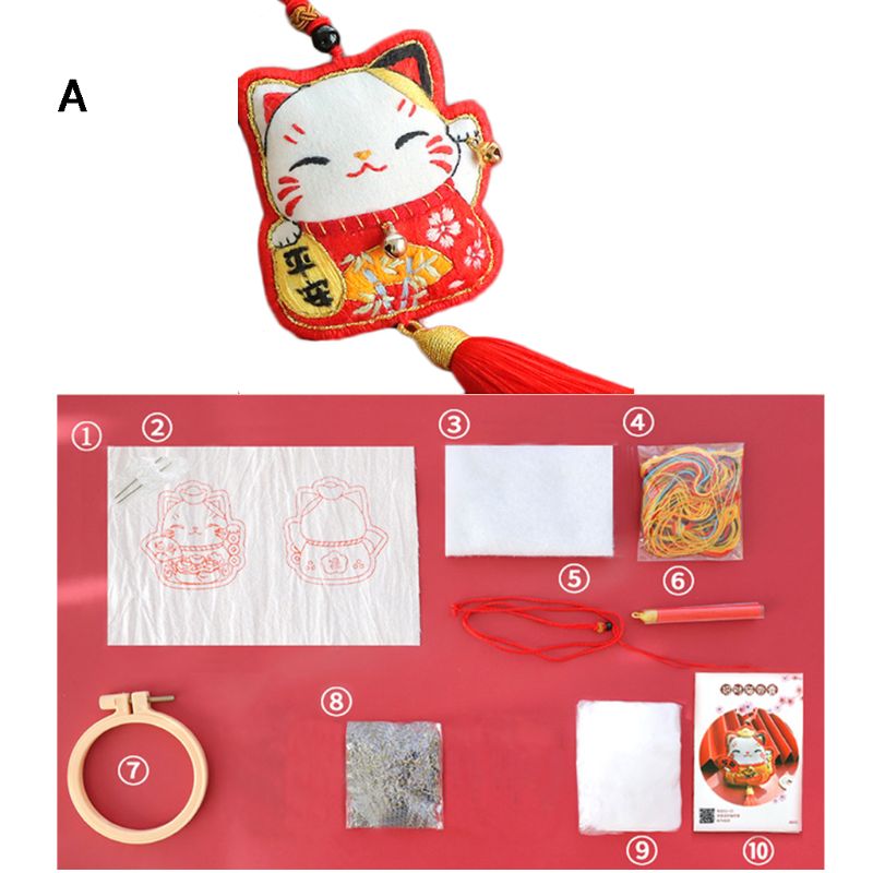 Lucky fortune cat diy broderiband kit handgjord lavendel påse material väska  k1mf: Skriv a