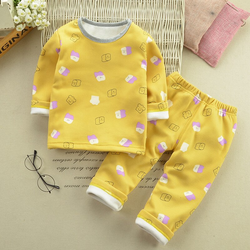 2Pcs/set Baby Homewear Thermal Underwear Kids Cartoon Warm Underwear Children's Plus Velvet Pajamas Winter thicken Warm Clothes: Yellow / 110cm