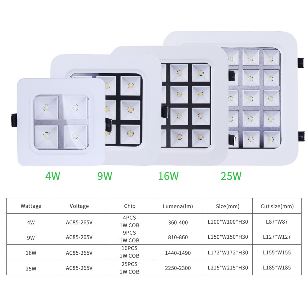Led panellys  ac 85-265v væglampe paneler 4w 9w 16w 25w led firkantet panel downlight hvid varmt led gitter lys til stue