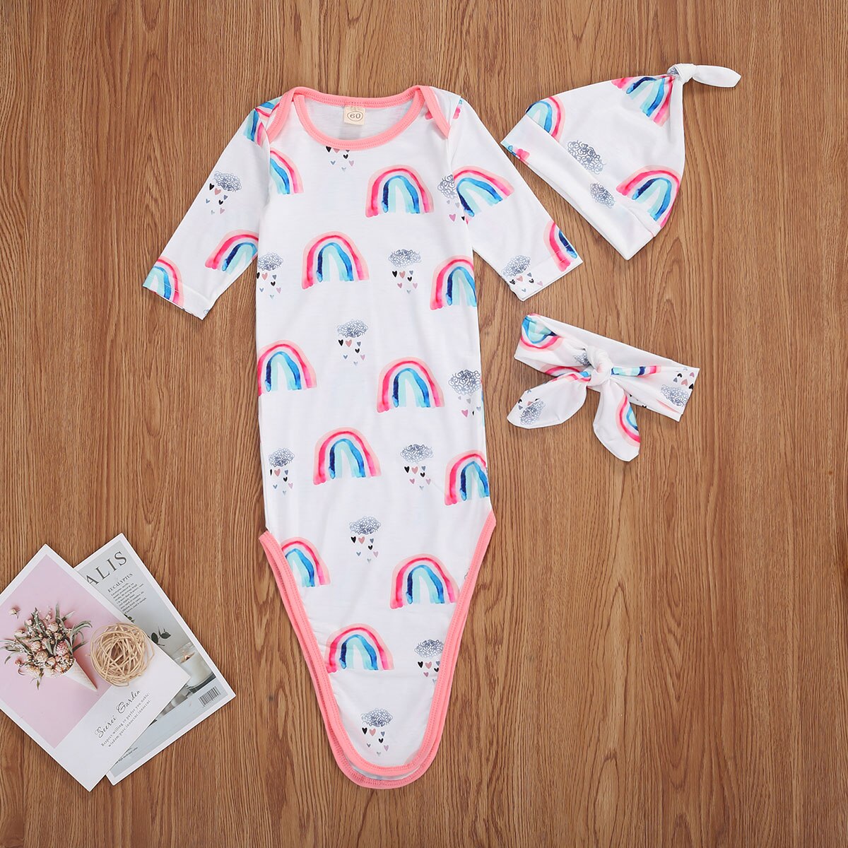 0-9M Pasgeboren Baby Meisjes Jongens Nachtkleding Hoofdband Rainbow Print Lange Mouwen Katoenen Deken