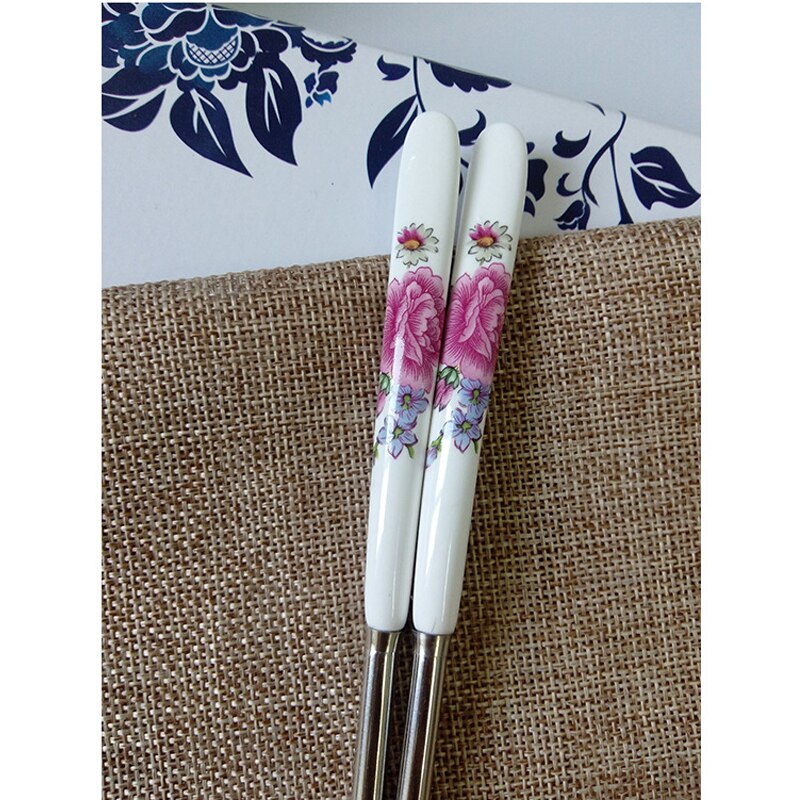 BalleenShiny 1 Pair Stainless Steel Chopsticks Chinese Style Rose Peony Ceramic Handle Anti-skid Chopsticks for Rice: Paeonia lactiflora