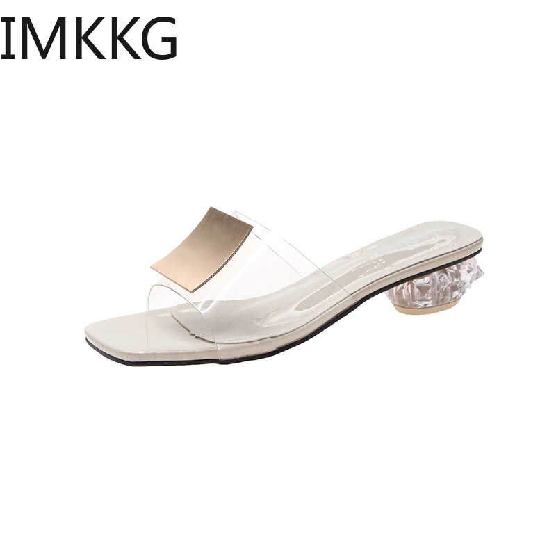 Mules en pvc pour femmes, pantoufles d'été, chaussures pour femmes, boucle en métal, transparentes, talons bas, diapositives de de personnalité
