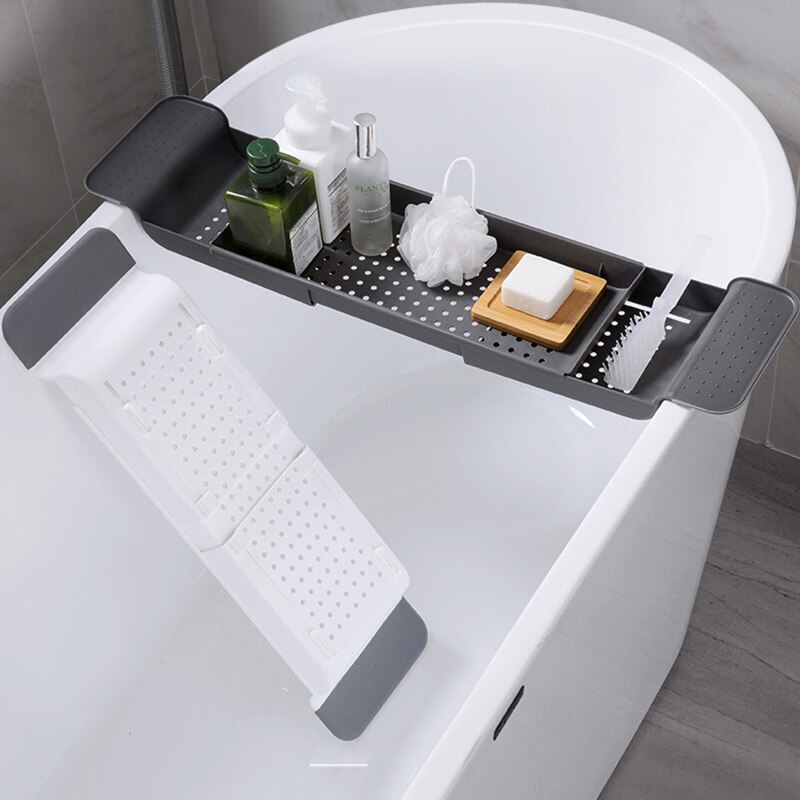 Strækbart badekar opbevaringsstativ badekar bakke hylde kar multifunktionelt badeværelse værktøj håndklæde opbevaring hylde køkkenvask afløbsholder