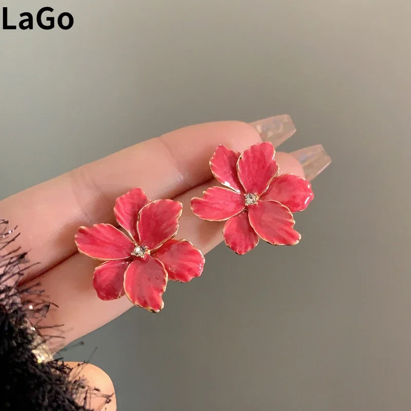 Pendientes de plata 925 con forma de flor roja para mujer y niña, Joyería Moderna con Popular, pendientes de tuerca grandes, de primavera y verano