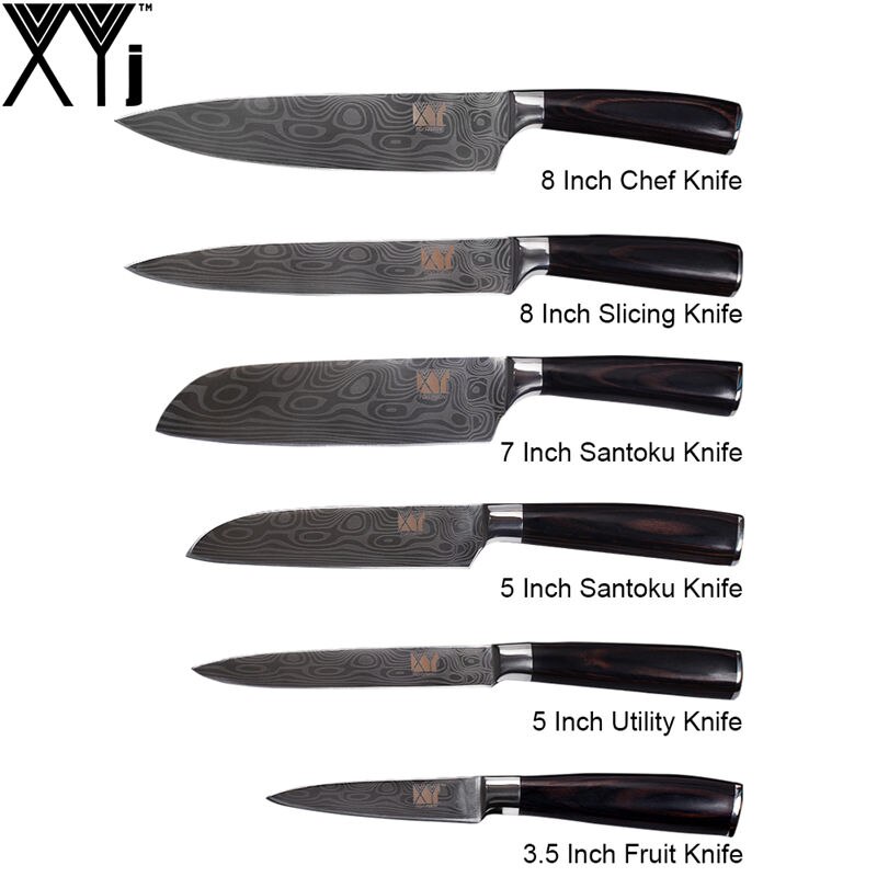 XYj Damascus Pattern Veins Blade Chef Knives Set Stainless Steel Wood Handle Bread Slicing Santoku Utility Knife Cover Sheath: 6PCS-4 XYJ LOGO