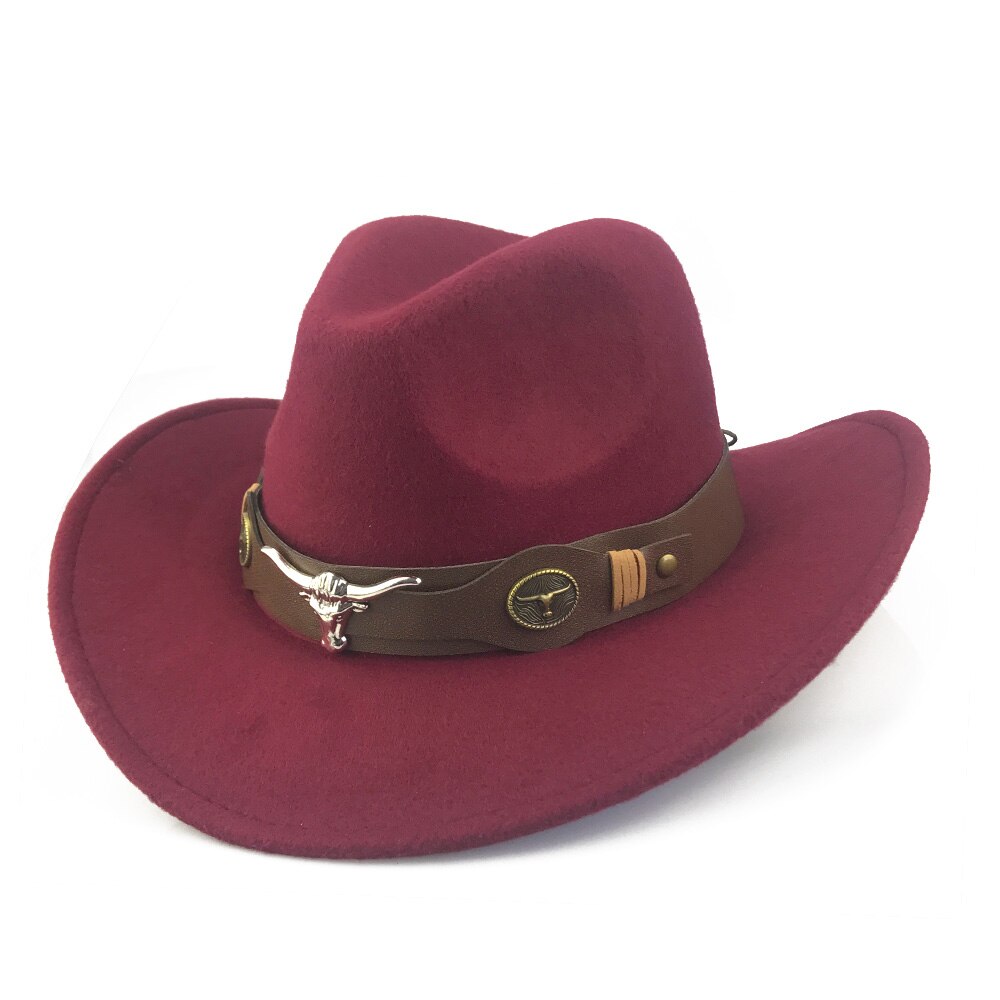 YY Bull Cowboy Cap for Men Autumn Winter Fedora Hats Retro Western Cowgirl Cap With Wide PU Leather Belt YY20074: Wine Bull Cowboy
