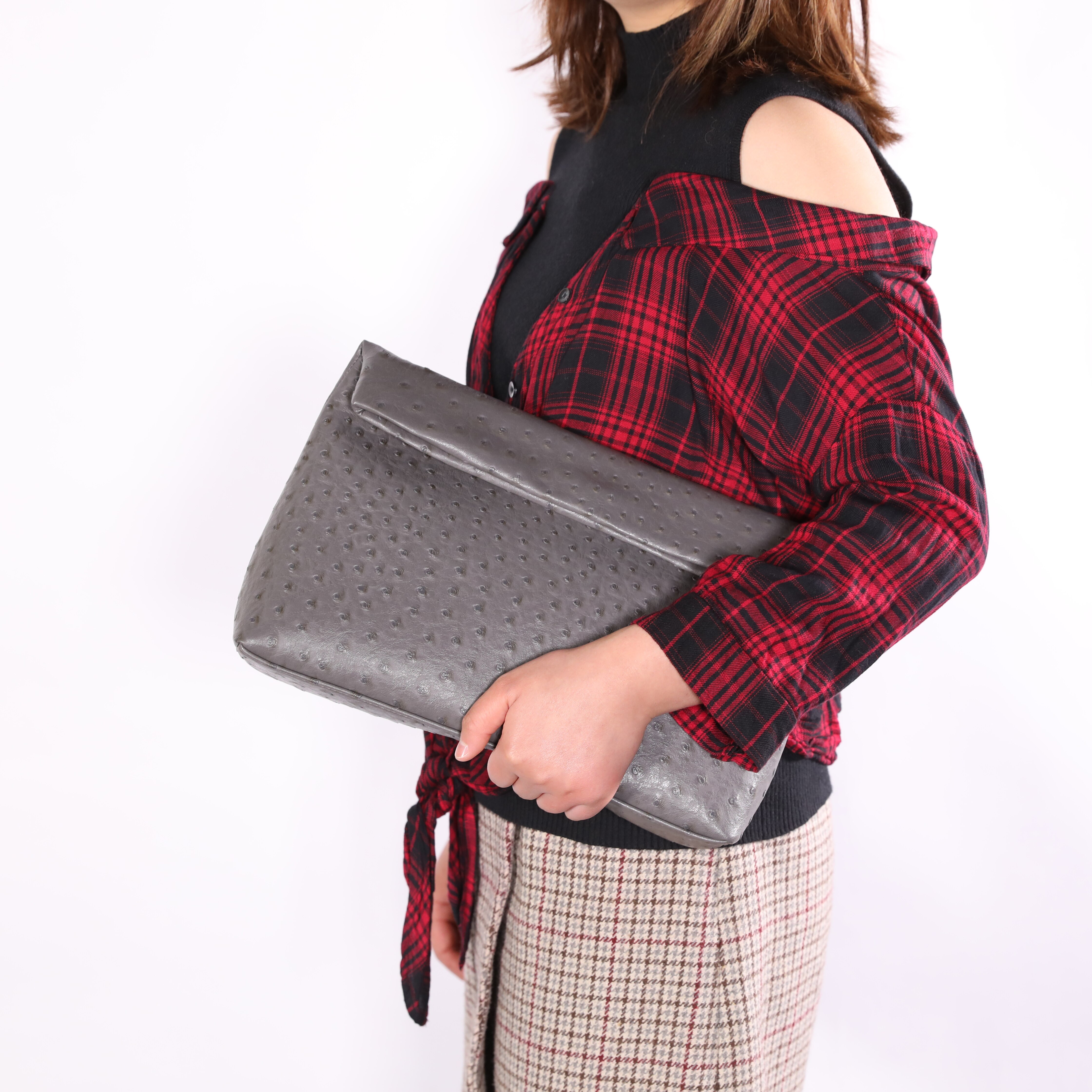 Tophigh Mode Vrouwen Loved Struisvogel Lederen Dag Clutch Bags Ins Handtas Python Pouch Koppelingen Dames Avondfeest: Ostrich Gray