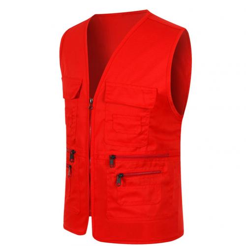 Unisex Multi-Pocket Solid Color Waistcoat Work Fishing Photography Vest Jacket: Red