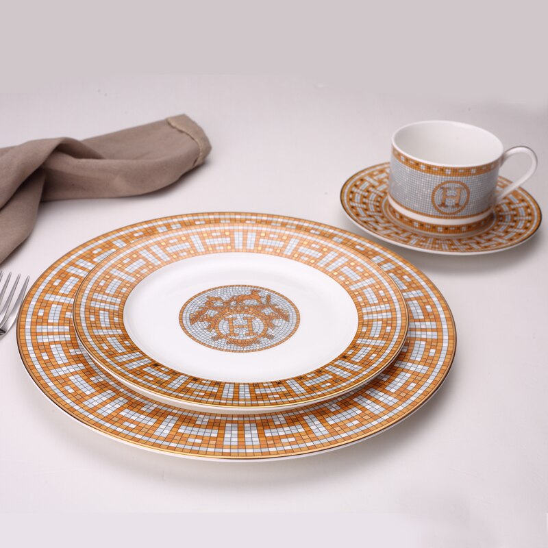 Ceramic Dinner Plates Geometric Pattern Ceramic Dish Dinner Plate Yellow Grid Dinnerware Set dessert plate dinnerware cake plate