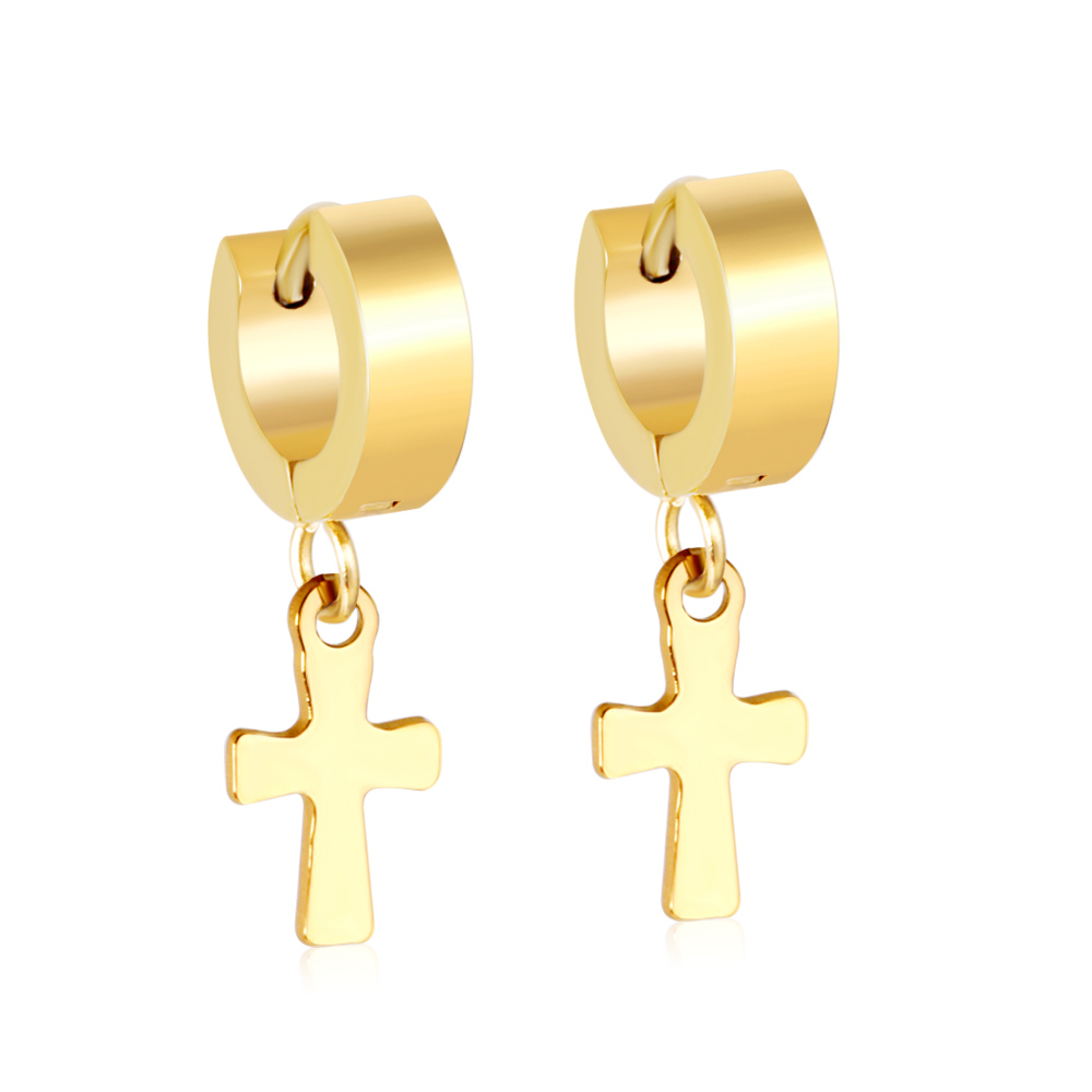 Pendientes góticos de lujo con colgante de cruz para hombre, aretes colgantes de gota, aro de acero inoxidable de Color plateado, joyería Punk para oreja, BFF: COLOR ORO ROSADO