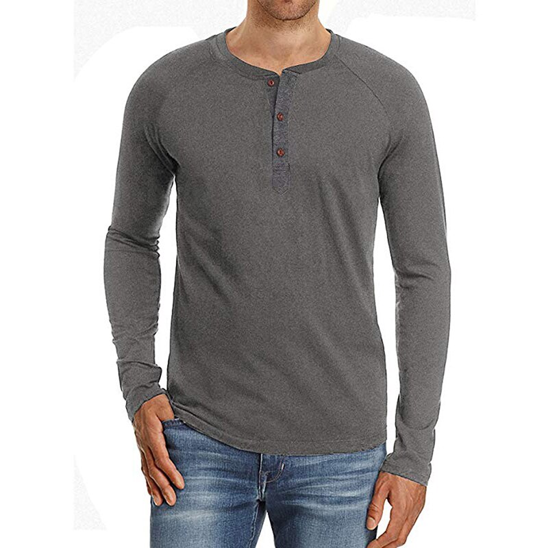 Skateboarding t-shirts mænd knapper t-shirts efterår mandlig skulderindsættelse langærmet ren farve mandlig bund tee-shirt: Mørkegrå / M