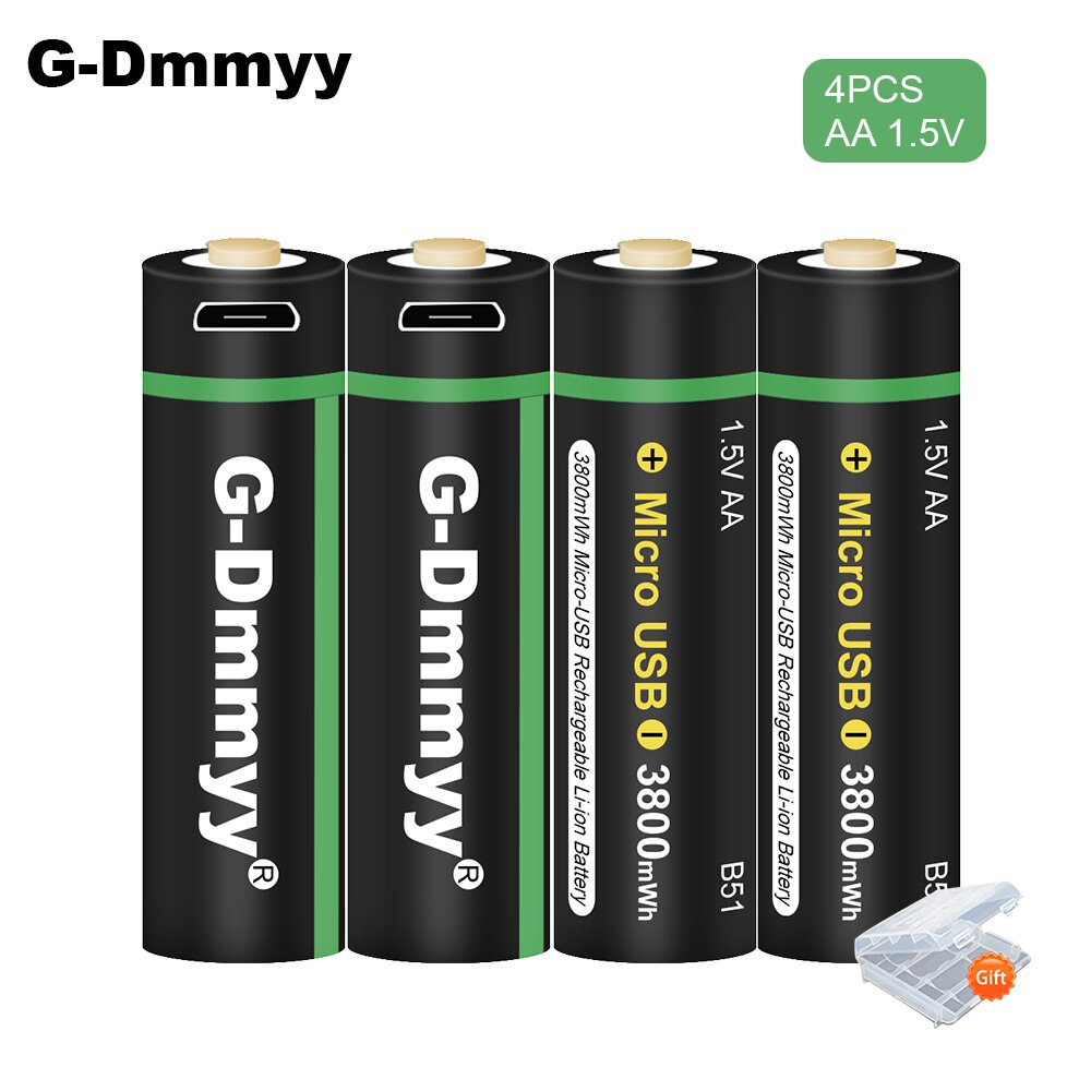 1.5V AA Rechargeable Battery 3800mWh USB Rechargeable Lithium Li-ion Polymer Battery Quick Charging by Micro USB Cable: 4pcs aa 1.5v
