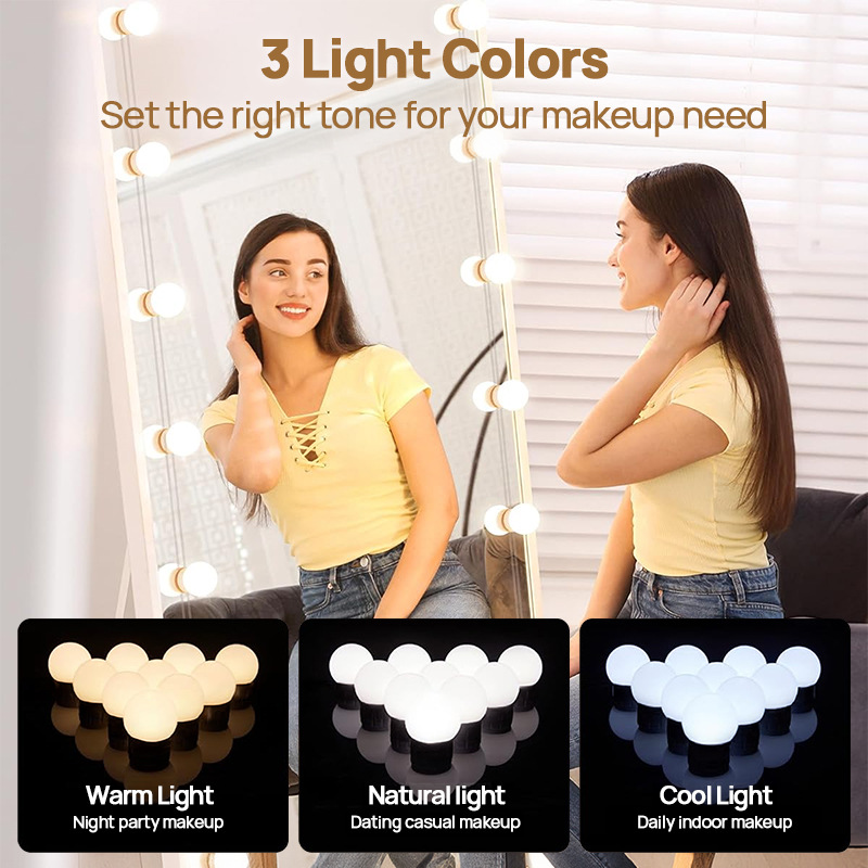 Hollywood Makeup Vanity Mirror Light Stick On Adjustable 3 Colors LED USB Bulbs String Stepless Dimmable Lamp