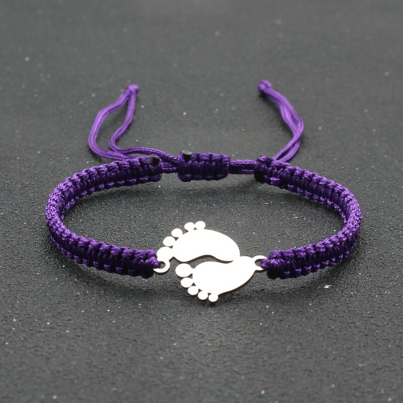 Bransoletka amulet ze stali nierdzewnej para urocza mała stopa szczęście czerwona nić plecione bransoletki i Bangles dla kobiet mężczyzn biżuteria mankiet: Purple
