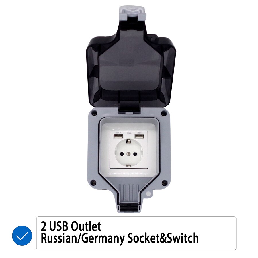 EU UK British Germany European Russian USB 1 Gang Waterproof Socket Enclosure Box Outdoor Outlet Weatherproof 13A 16A Plug In: Russian USB Socket