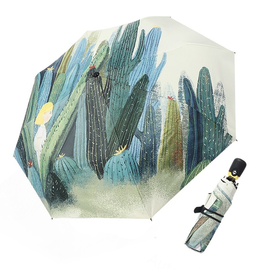 Hand drawn creativity Cactus Umbrella Women AutomaticFolding Anti-UV Rainproof Umbrella Parasol Rain Sun Light Umbrellas
