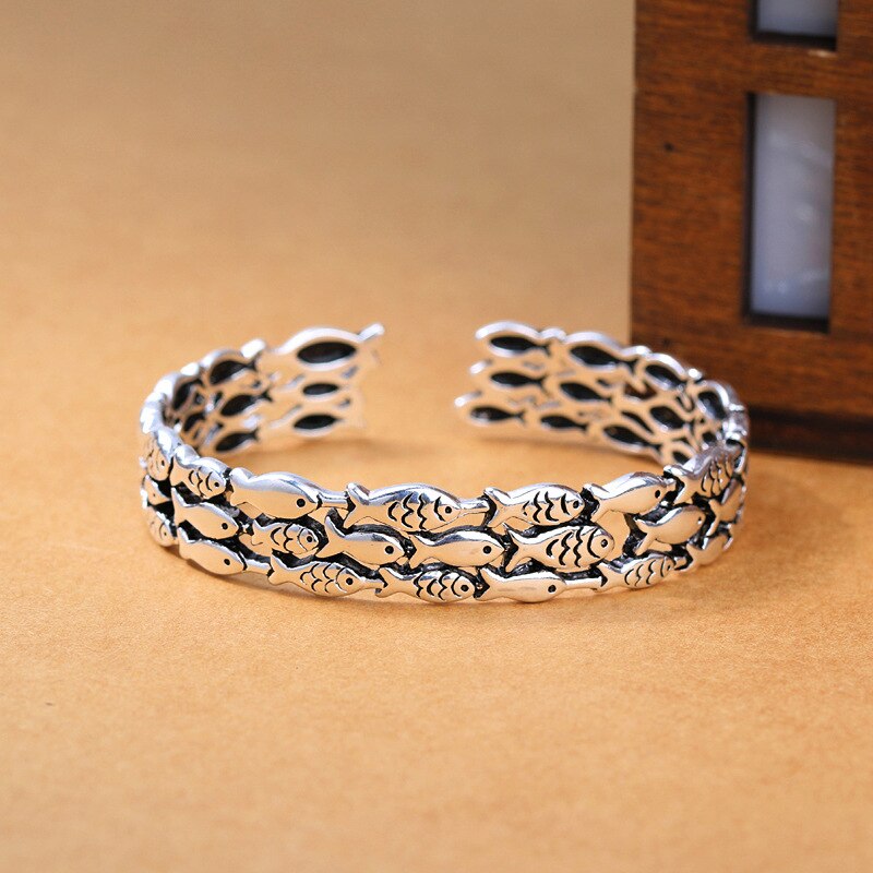 925 sterling sølv stabelbare fisk thai sølv armbånd armbånd vintage åbent manchet armbånd til kvinder mænd s -b276