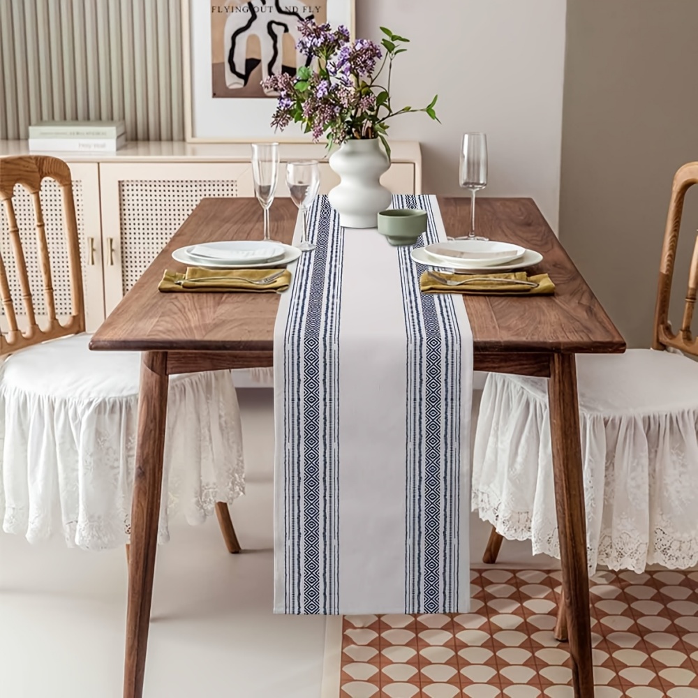 1pc bohemiska bordlöpare långa - duk med blå och vita geometriska ränder, bohemisk lantlig inredning för bröllop