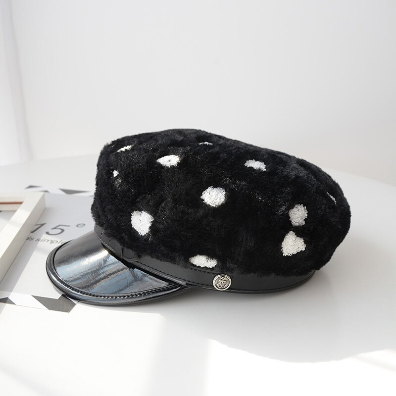 USPOP nowe czapki zimowe damskie wyszywane serce gazeciarz czapki aksamitne ośmiokątny kapelusz PU rondo niejednolita całość czapki damskie grube ciepłe czapki: czarny