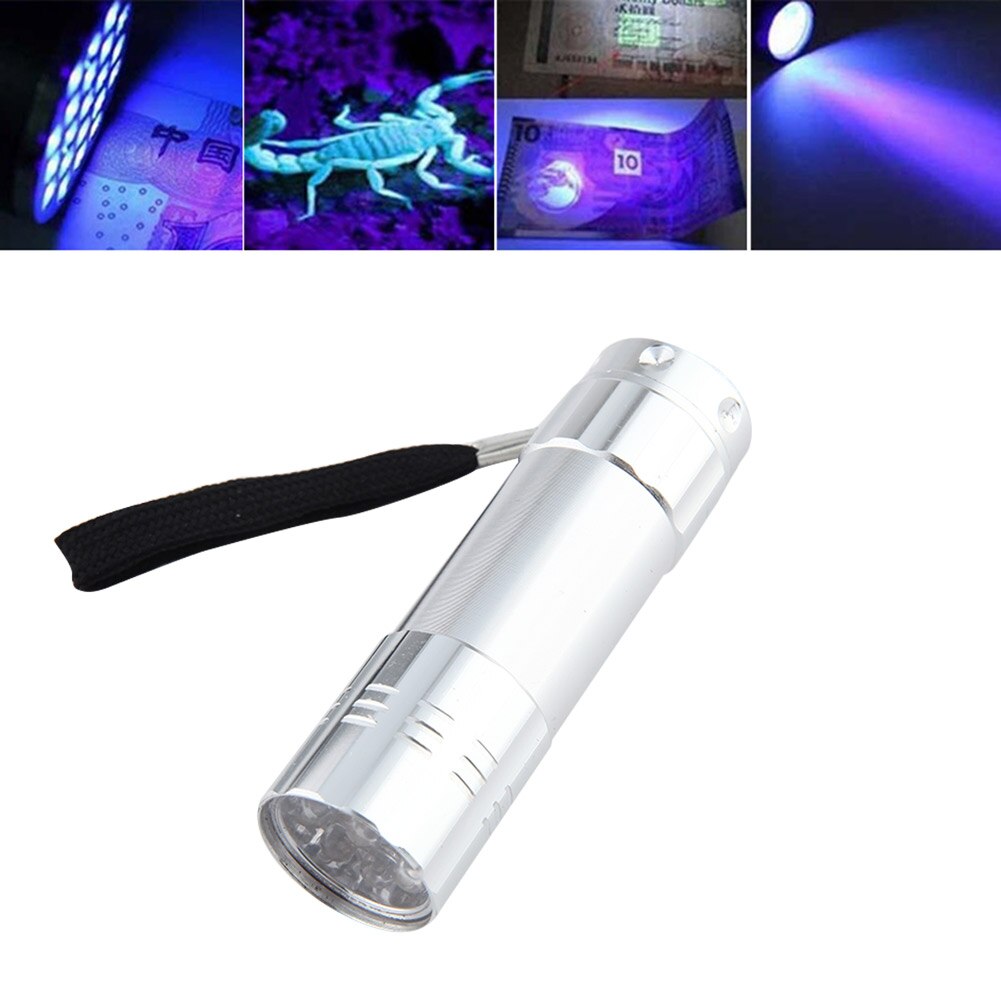 UV Light Torch Lamp Super Mini 9 LED Flashlight Black Ultraviolet Light Super Mini Aluminum UV Flashlight Torch Lamp: Silver Stripe