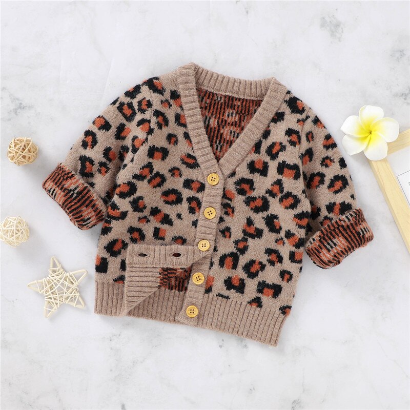 Autumn Winter Baby Boy Girls Leopard Print Sweater Coat Long Sleeve V-Neck Button-up Knitted Cardigan Kids Tops 0-24M
