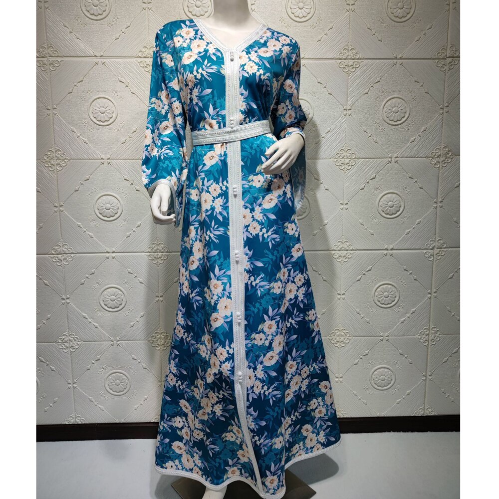 AB030 Luxe Jurk Sky Blue Abaya Soiree Moslim Vrouw Dubai Islamitische Kleding World Kleding Winkel Turkse Mooie Print Flora