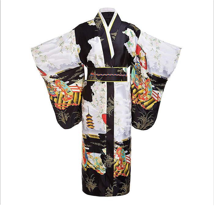 Kimono tradicional japonés de talla grande para mujer, ropa Vintage, novedad clásica, disfraz de Cosplay, ropa de actuación suave de manga larga: Black A