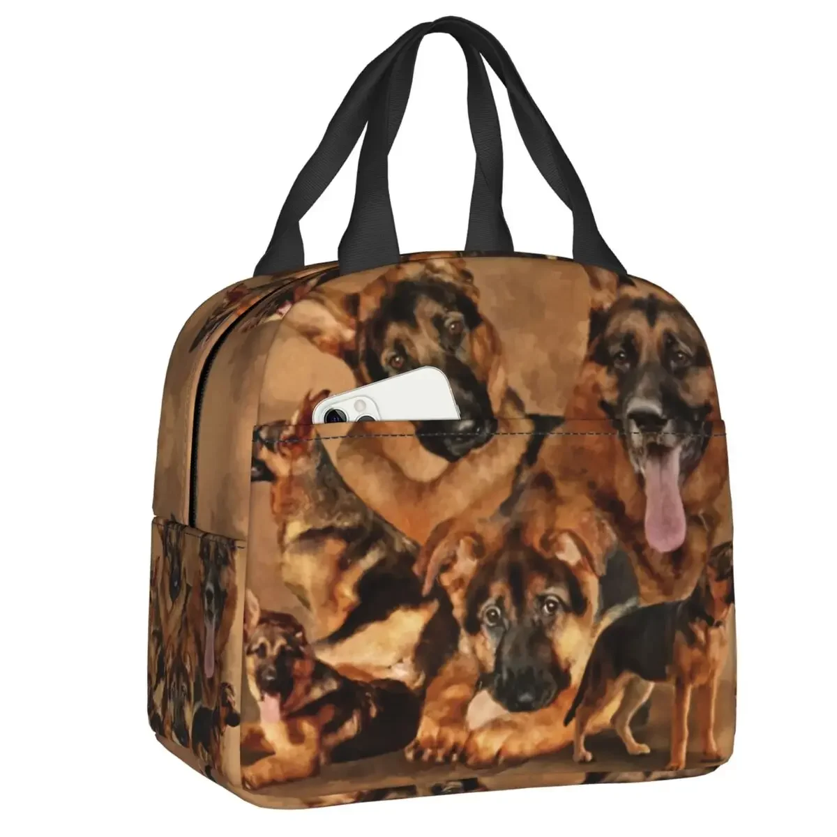 Fiambrera Kawaii de perro pastor alemán para mujer, amante de las mascotas, refrigerador térmico, bolsa de almuerzo con aislamiento para alimentos, escuela, niños y estudiantes: Negro