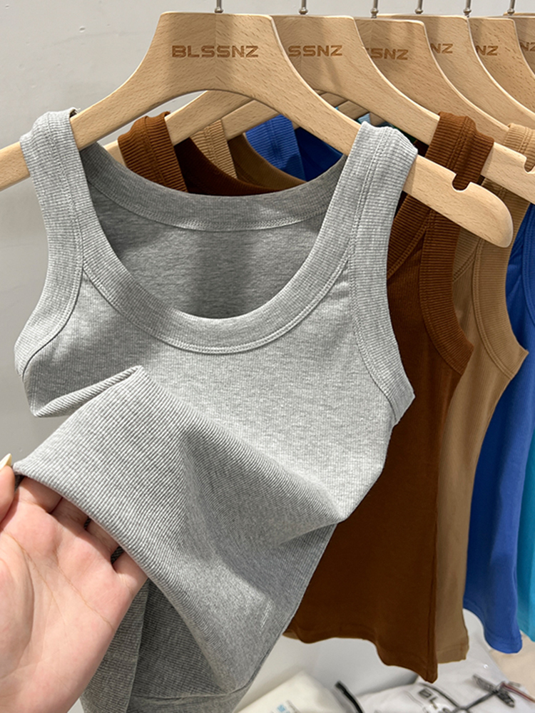 zjaiss Women Solid Round Neck Ribbed Tank Top Camisole Women Summer Basic Elastic Tank Top O Neck Solid Tank Top: S / Light Grey