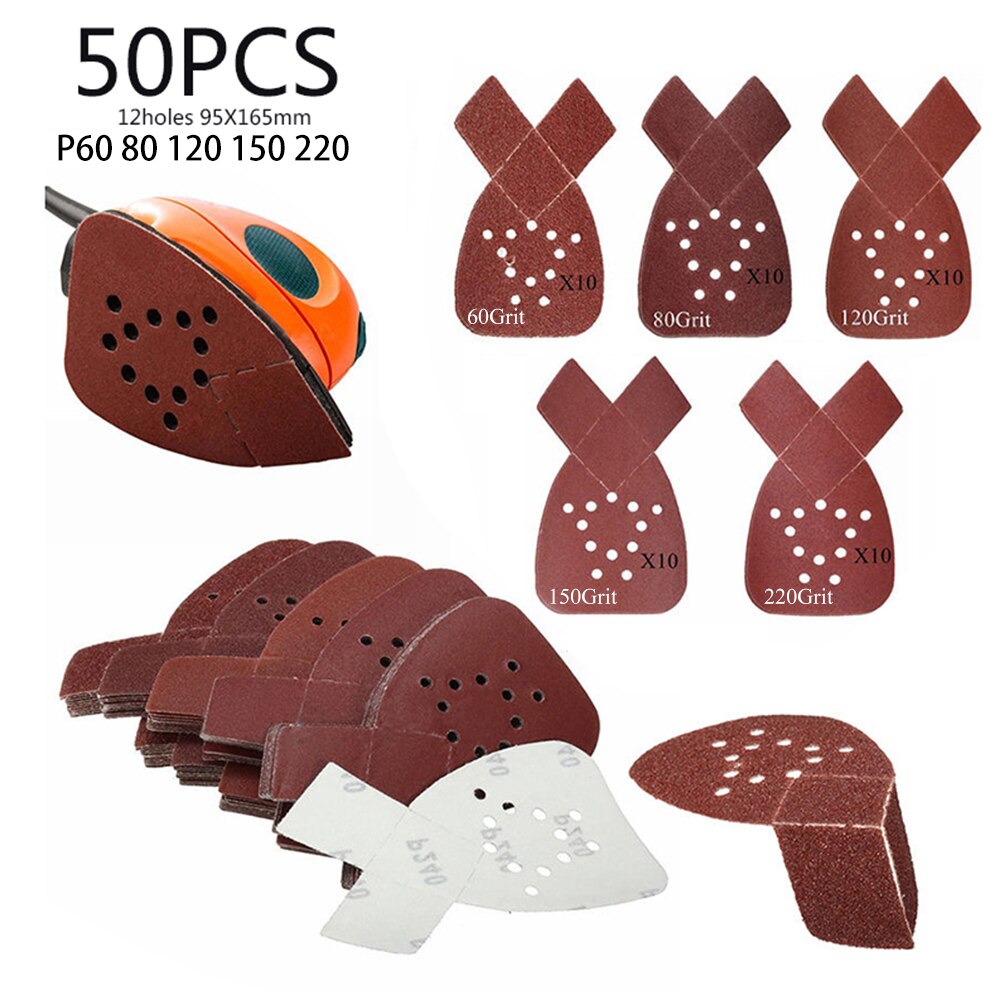 50pcs Sanding Sheets 12 Holes For Black & Decker Mouse Pads Aluminum Oxide Grit 60- 240 For Paint Removal Deburring Polishing