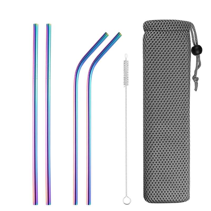 Metal straws stainless steel straw reusable black straws metal drink straws reusable Drinking Straws glass straw portable straw: Rainbow 4pcs B