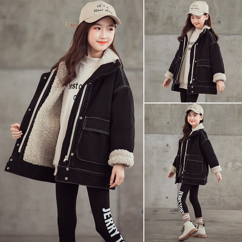 Winter Black Jackets for Girls Plus Velet Thick Turn-down Collar Coats manteau fille Cool Female Children Clothing Teens