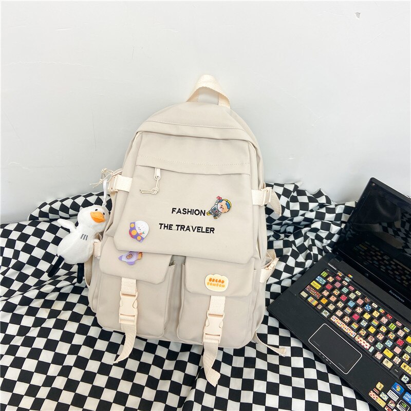 Moda wodoodporne kobiety plecaki nylonowa płócienna torba na ramię kobieta Bagpack duże tornistry szkolne dla nastolatka: Beige / With pendant