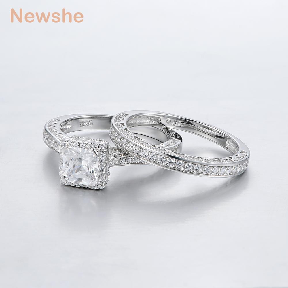 Newshe 2Pcs Echtes 925 Sterling Silber Hochzeit Ring Set Klassische Schmuck 1,5 Ct Prinzessin Cut AAAAA CZ Engagement Ringe für Frauen