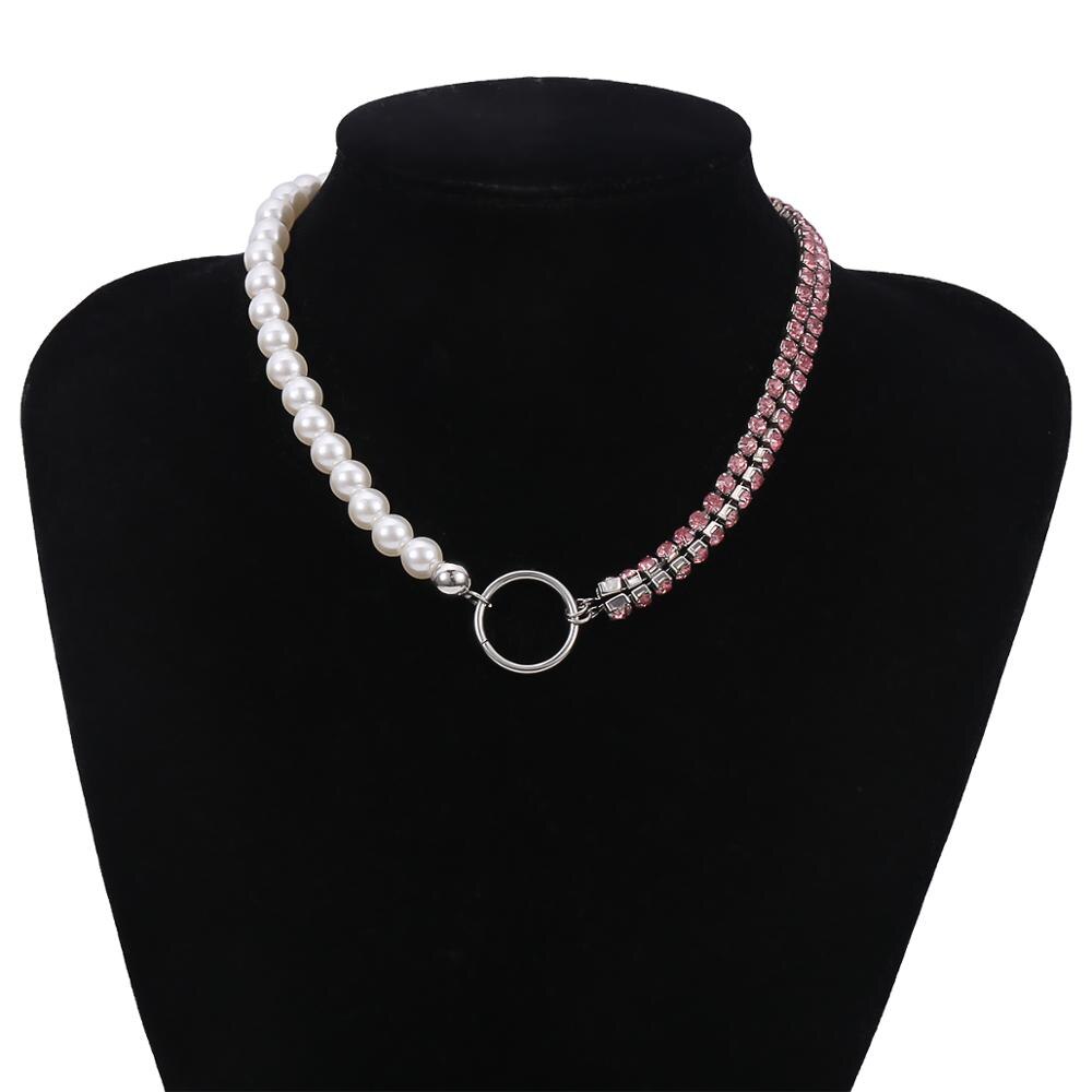 Lacteo Shiny Sexy Colorful Rhinestone Chain Choker Necklace for Women Bohemian Imitation Pearl Clavicle Chain Charm Necklace: Pink Color