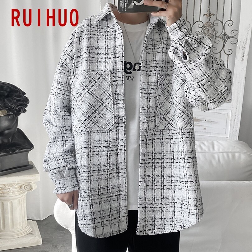 RUIHUO Spring Men Shirt Male Clothing Slim Fit Cotton Long Sleeve Casual Shirts Men Brand Plus Size M-2XL: White / Asian Size XXL