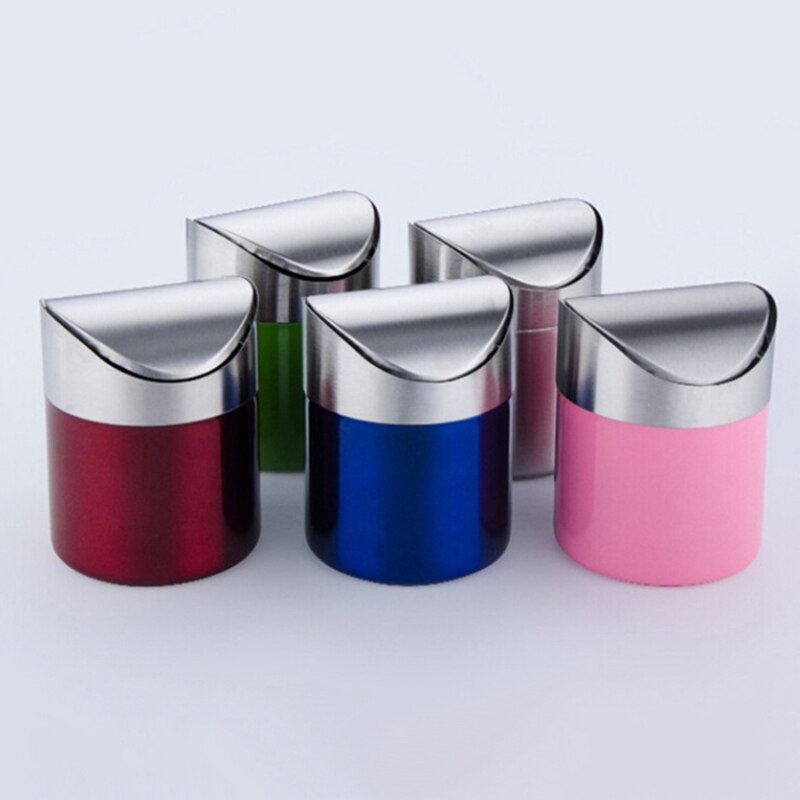 4 Colors Stainless Steel Mini Car Rubbish Bin Detachable Rolling Cover Dust Trash Bin Desktop Trash Bin Home Office Trash Can